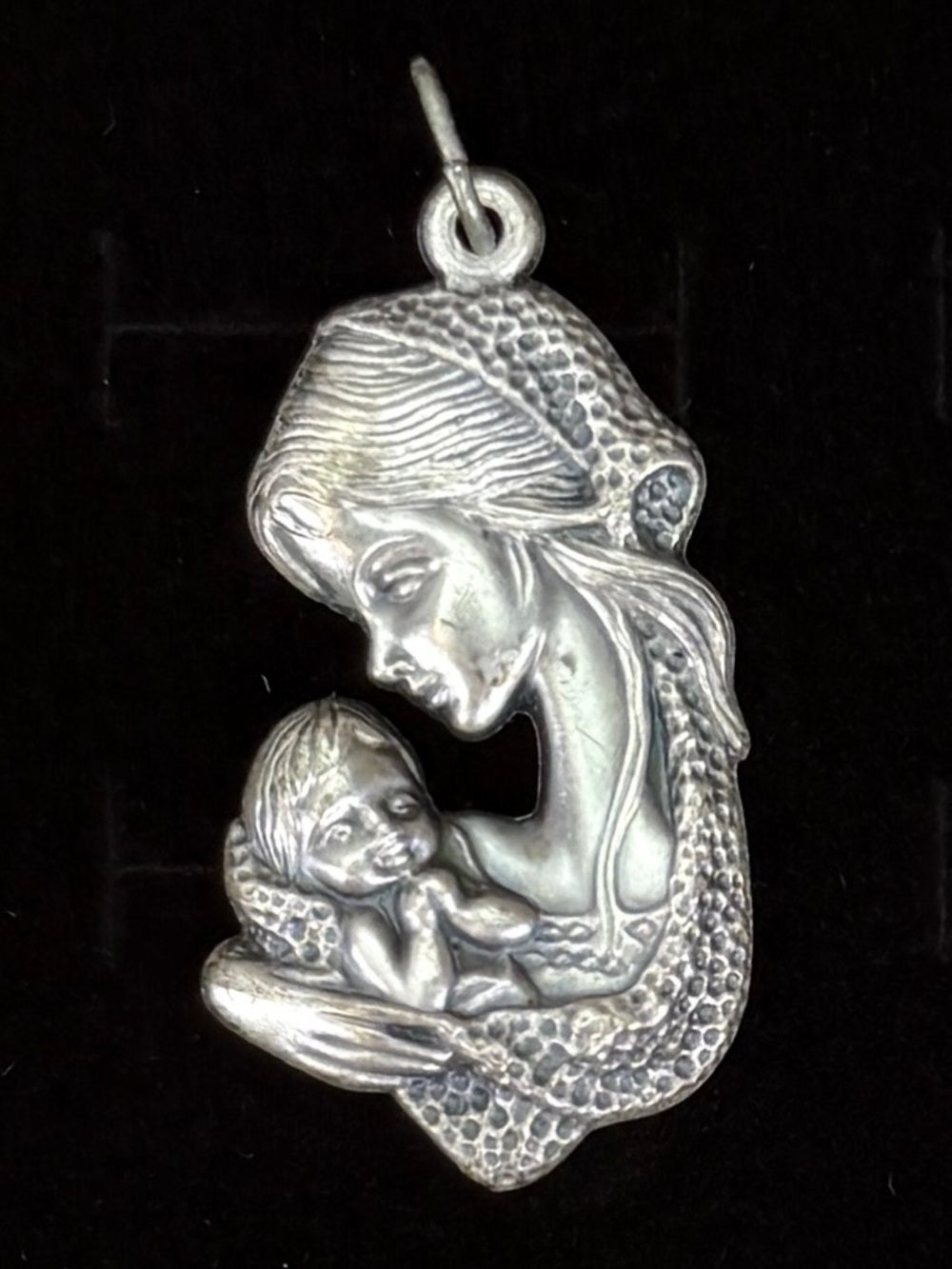 St Mary, Antique Silvertone Etched Religious Large Pendant